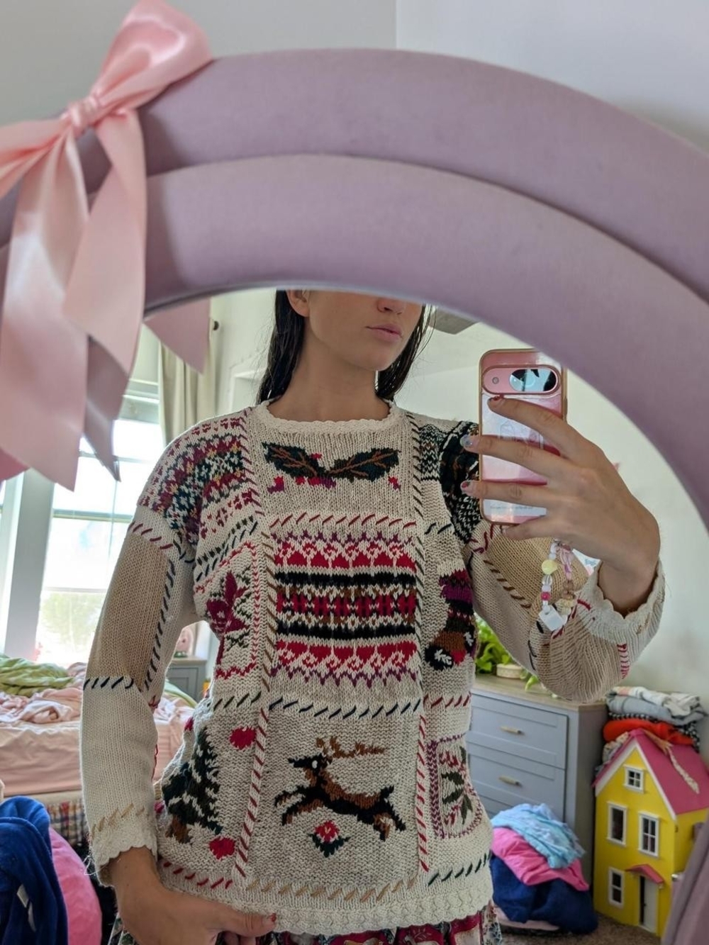 Cozy Cream Nordic Reindeer Knit Christmas Sweater Size Small